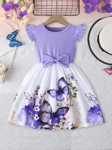 Girl's Butterfly Print Bow Decor  Dress, Casual Cute Cap Sleeve Round Neck   Dress for Summer, Kids Clothes for Daily Wear