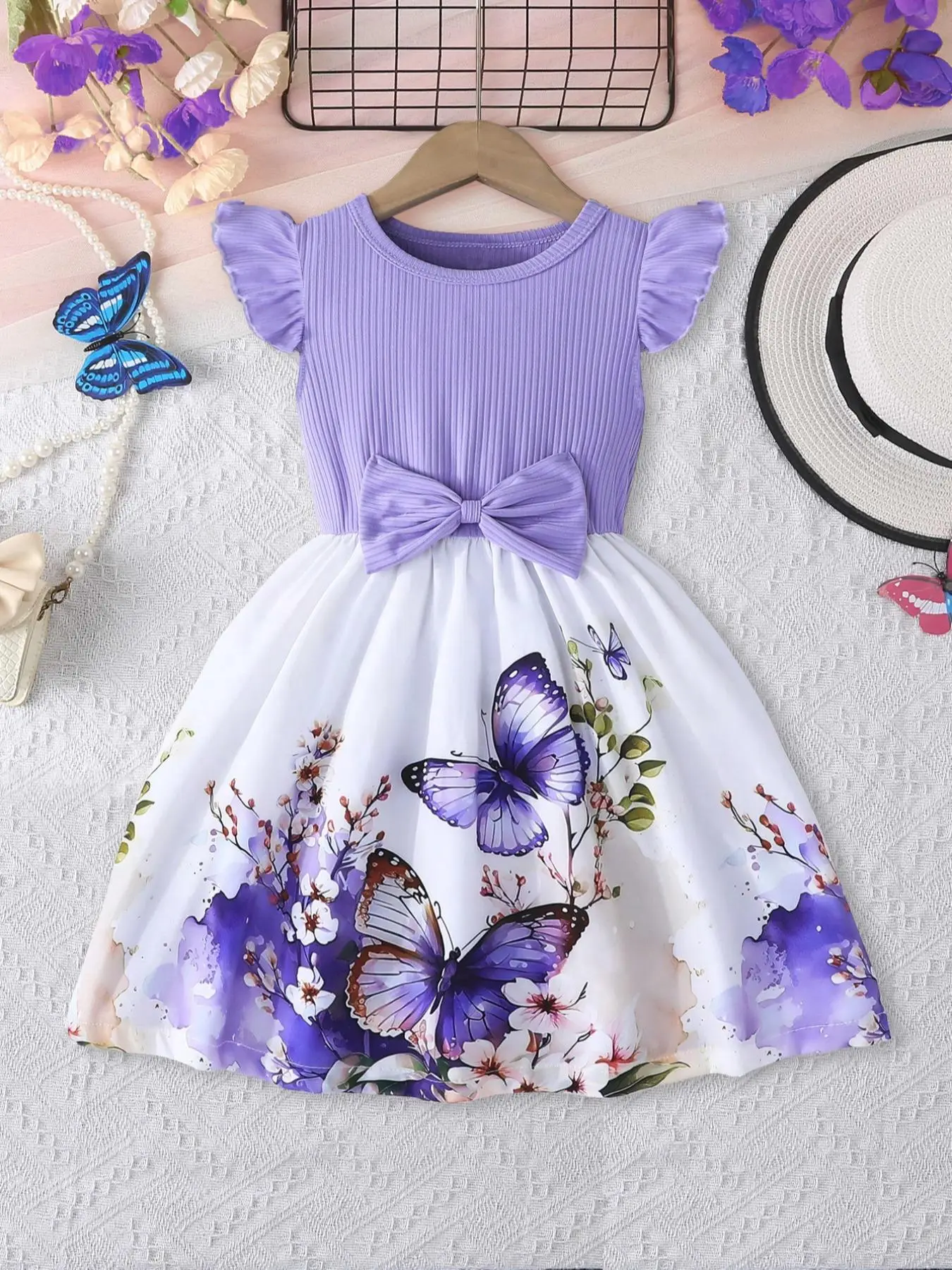 Girl's Butterfly Print Bow Decor Dress, Casual Cute Cap Sleeve Round Neck Dress for Summer, Kids Clothes for Daily Wear
