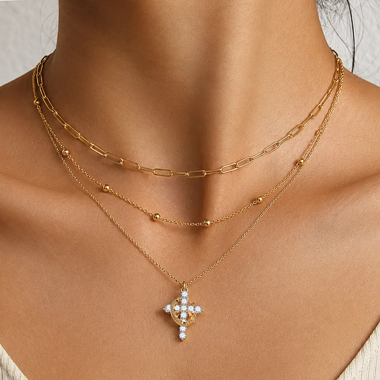 Layered Cross Necklace for Women Stackable Necklace Set | 14K Gold Plated Cross Necklace Non Tarnish Cubic Zirconia Religious Faith Adjustable Pendant Ball Chain