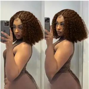 Curly BOB Wig Human Hair 180 Density 13x4 HD Lace Closure Deep Wave Wigs for Black Women Glueless Wear and Go Pre Plucked Deep Wave Wet and Wavy Glueless Wigs Human Hair Chocolate Brown 14 Inch