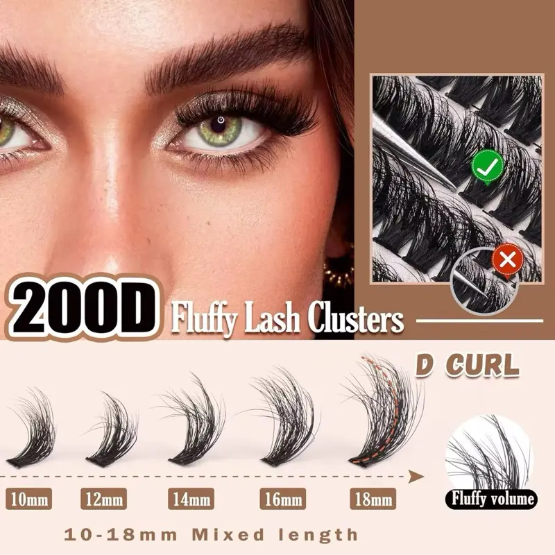 200D Fluffy Lash Clusters - D Curl - 10-18mm Mixed Length - 10mm, 12mm, 14mm, 16mm, 18mm Fluffy Volume - Eyelashes for Makeup