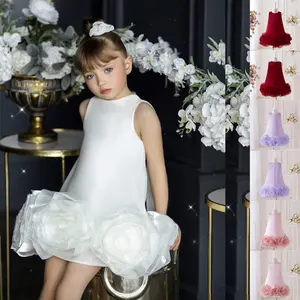3-8Y Maroon Kids Clothes White Big 3D Flower Girls Frock Ball Gown 6028 Pageant Children Elegant Princess Prom Host Formal Evening Party Cocktail Dress
