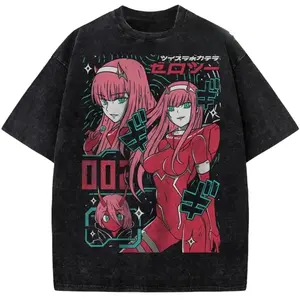 Vintage Washed Black Graphic T-Shirt, Men’s Oversized Streetwear Tee with Pink-Haired Cyber Girl Trio & "002" Style Text Print, Soft Cotton Loose Fit Casual Daily Wear