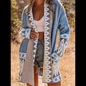 Women’s ethnic pattern drop-shoulder cardigan, boho fashion long-sleeve open-front knitwear for fall and winter; cardigans for women; womenswear; tops; cardigan for women; sweaters for women; women’s knit clothing for daily wear