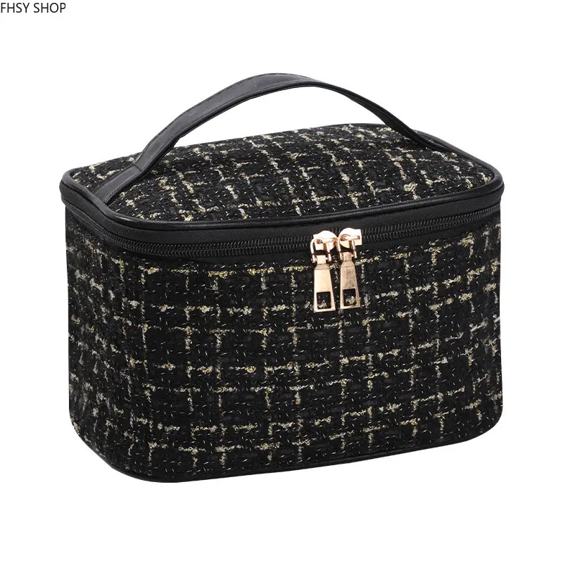 Luxury Tweed Plaid Top Handle Bag for Women, Portable Makeup Organizer, Cosmetic Portable Travel Bag with Gold Zipper, Fashion, Handle Strap, Portable Size