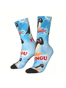 Pingu Penguin Print Athletic Long Tube Socks - Knit Fabric, Polyester 95%, Elastane 5%, Unisex, One Size