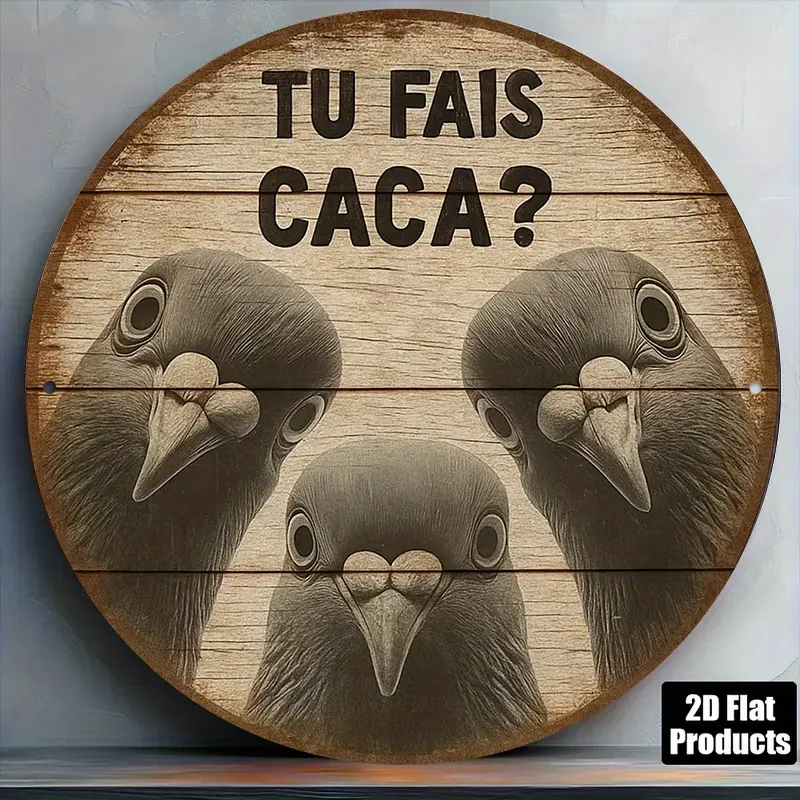 French Pigeon Wall Decor, Vintage Round Metal Sign Suitable for Kitchens, Cafes & Easter Gifts, Humorous French Phrase Plaque with Pigeon Greetings, Retro French-Themed Decoration for Home, Bars, Balconies, 12x12 Inch