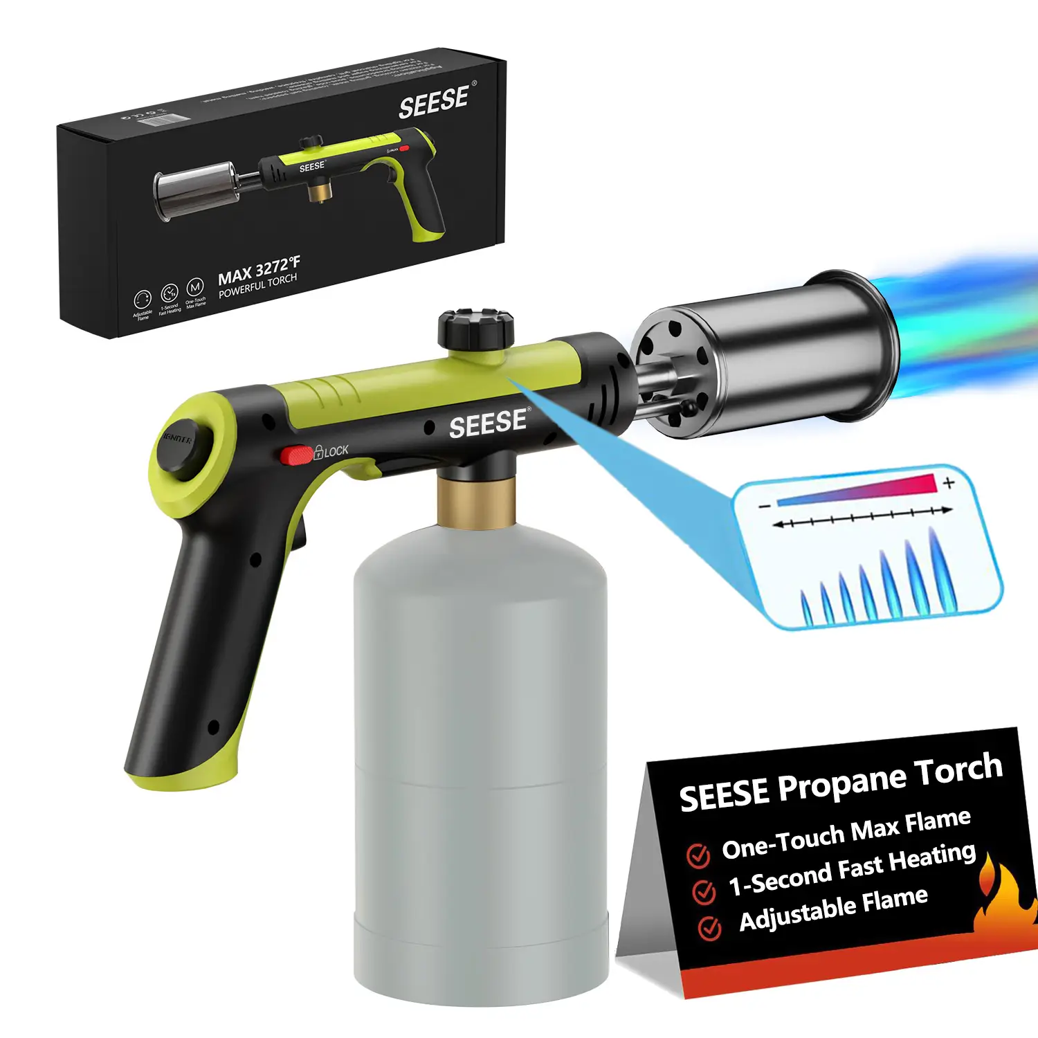 SEESE Powerful Propane Torch(Propane Tank Not Included),With One-Touch Max Fire Button and Safety Lock, Adjustable Blow Torch for Sous Vide Searing St