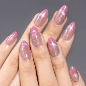 Curvlife medium almond striped Press On Nails pink glossy shiny cat eye Easy Apply Nail Art