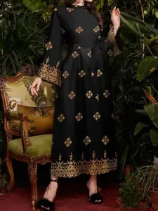 Elegant Long Sleeve Round Neck Woven Dress with Belted Waist, Middle Eastern Leaf Print Design, Perfect for Special Occasions