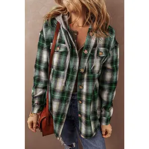 Green Plaid Print Chest Pocket Buttoned Hooded Shacket