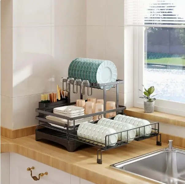 TidyArc 2-Tier Expandable Adjustable Steel Dish Drying Rack, Foldable Kitchen Counter Organiser with Pull-Out Design, Anti-Rust Drainer, Drying Mat, Cup & Utensil Holder