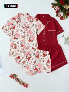 Women's Christmas Themed Pajama Matching Set, Cute Heart /all Over Print Short Sleeve Lapel Neck Pocket Shirt & Elastic Waist Shorts Pj Set, Women's Sleepwear for All Seasons