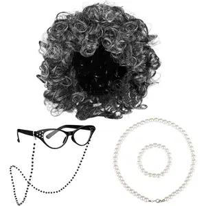 F-CPA06   5 Pieces Halloween Kids Old Lady Wig Costume Set Wig with Glasses Chain Pearl Necklace Bracelet Glasses