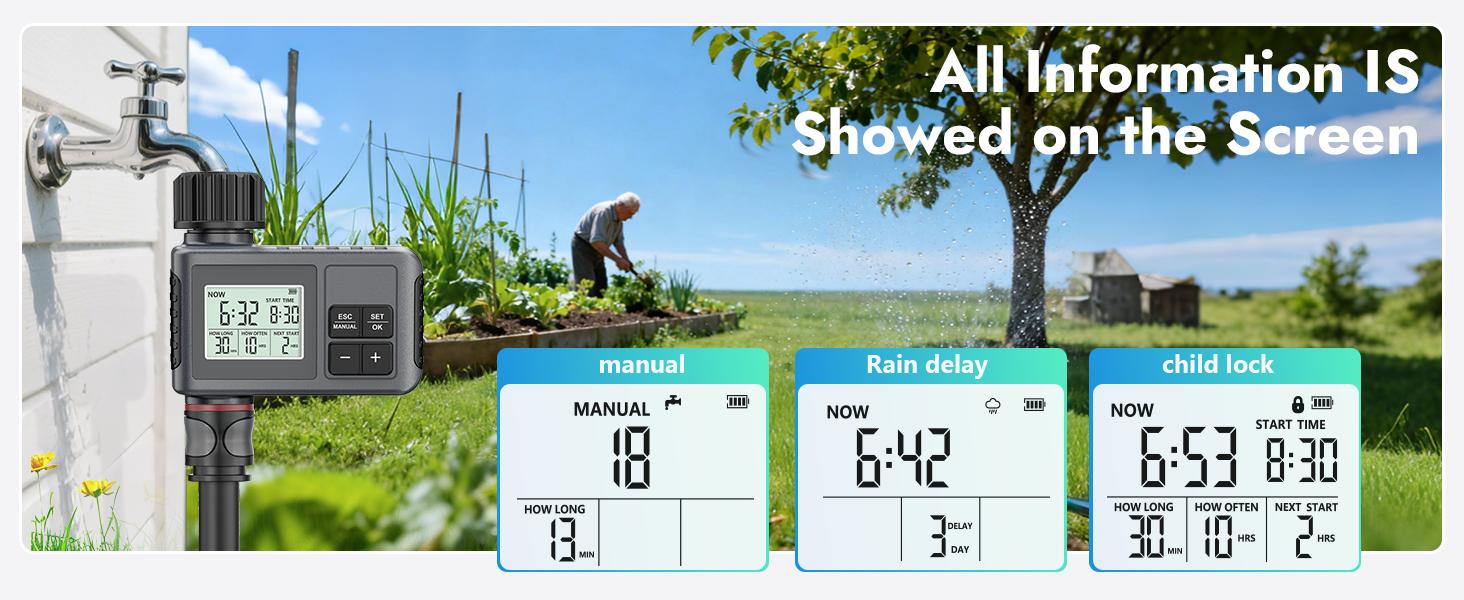 Zone Outdoor Hose Timer | Water Timer for Garden Faucet with Auto/Manual/Rain Delay Mode, Programmable for Lawn, Yard, Irrigation System, Metal, US 3/4" Pipe Diameter, No Electricity or Battery Needed