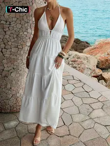 Elegant Vacation Style Backless Tie-Back Halter Sleeveless Dress, Perfect for Summer Parties, Chic and Comfortable Design