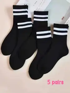 5 Pairs Unisex Striped Socks, Soft Breathable Knit Casual Sports Business Mid-Calf Work Socks, All Seasons Fitted Style