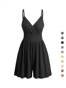 Women's Plain Backless Wrap Cami Romper, Casual Adjustable Spaghetti Strap Wide Leg Romper, Summer Outfits 2024, Ladies Clothes for Daily Wear