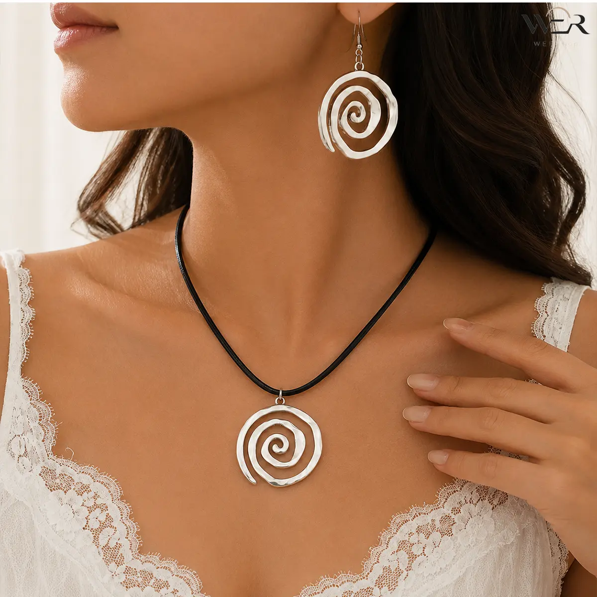Women's Contemporary 2-Piece Sculptural Vibe Artistic Jewelry Set - Silver-Tone Circular Spirals Pendant Necklace, Spiral Earrings on Black Cord, Lightweight for Daily Wear, Artistic Jewelry Sets, Geometric Swirls, Modern Sculpture, Set Includes Neck +