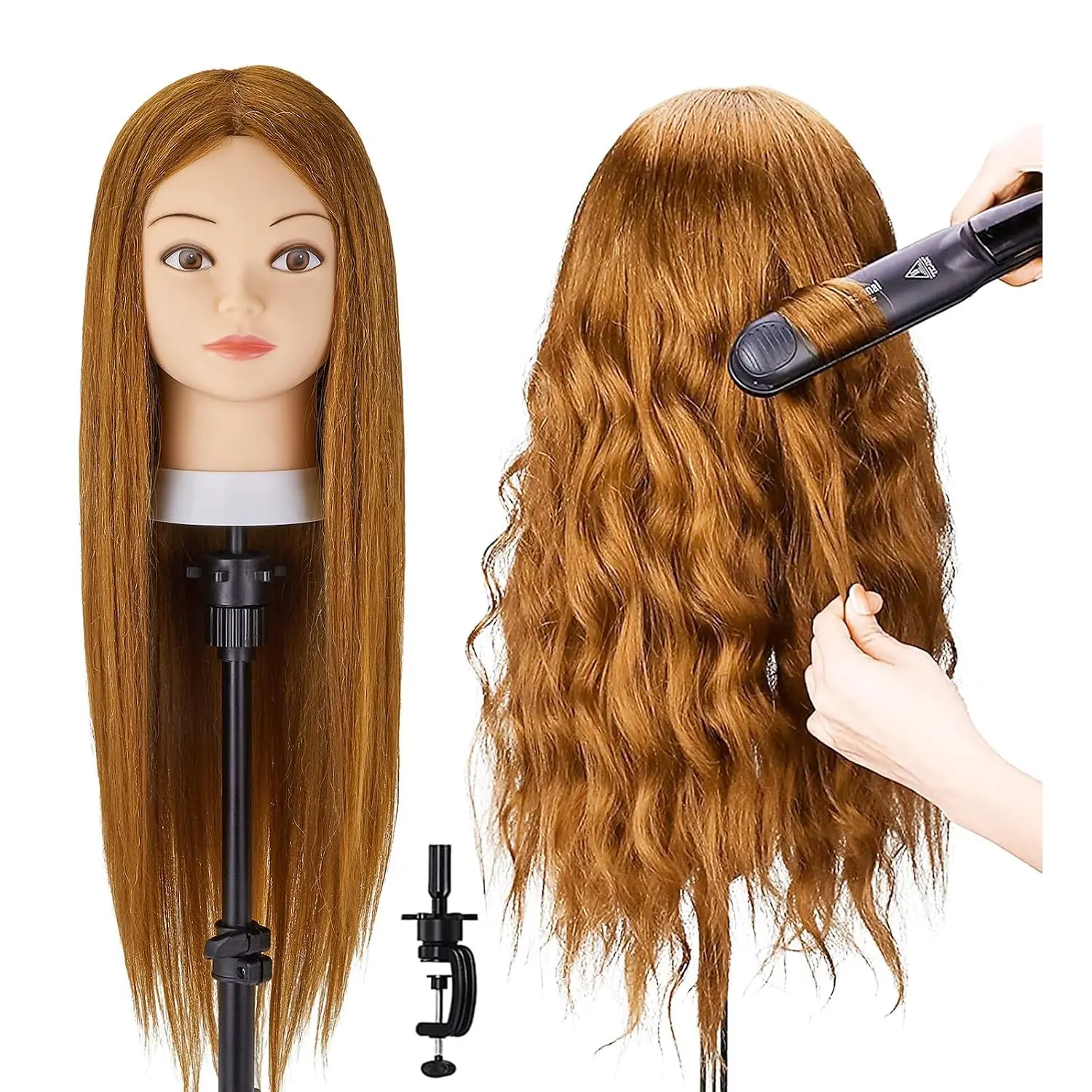 Mannequin Head with 80% Human Hair, 28'' Doll Head for Cosmetology & Hairdresser, Real Hair Cosmetology Makeup Hairdressing Training Head