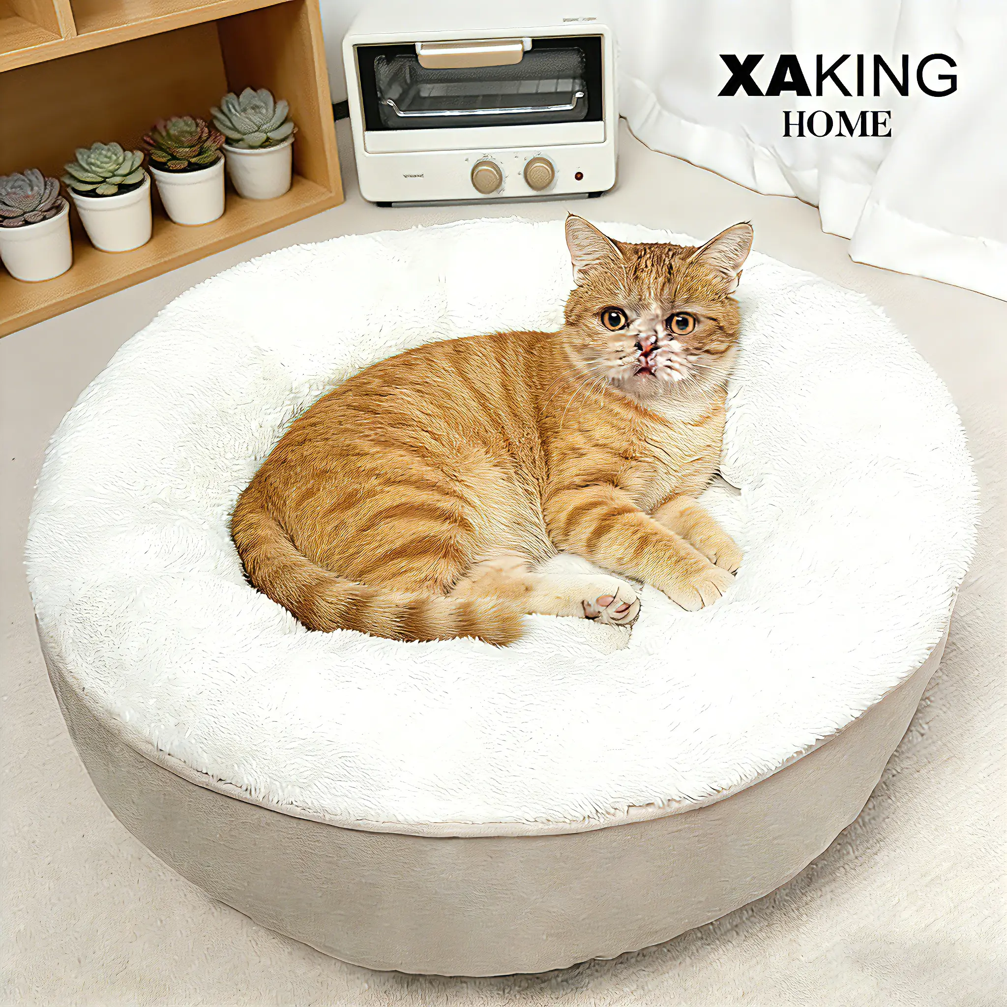 XAKING Round Donut Pet Bed - Soft Suede & Premium Washable Flannel, High-Density Padding, Raised Bolster Rim for Gentle Neck & Spine Support, Nonslip Base, Cold Water Machine Washable, Ideal Gift (D20:19.7"x19.7"x5.9", D25:25"x25"x8")