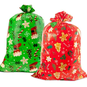 2pcs Large Christmas Gift Bags, Jumbo Holiday Drawstring Gift Bags 36" x 49" Giant Plastic Reusable Present Wrap Bags with Cards for Big Xmas Presents Party Decorations Holiday Gift Giving