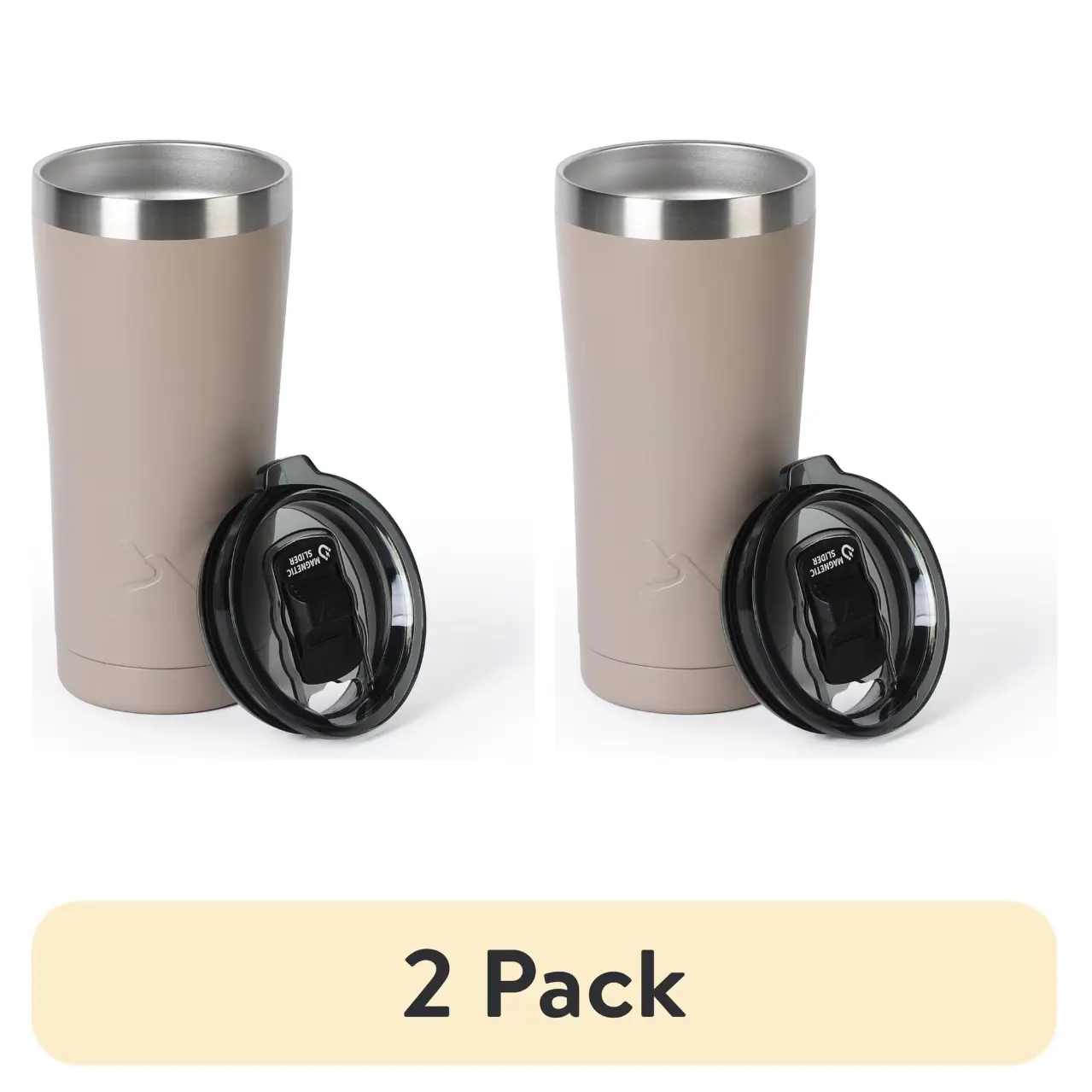 (2 pack) Ozark Trail 22 oz Stainless Steel Vacuum Insulated Tumbler with Leak-Proof Magnetic Slider Lid, Keeps Cold 12H, Travel Coffee Cup with Cup Holder Friendly Design, Tan