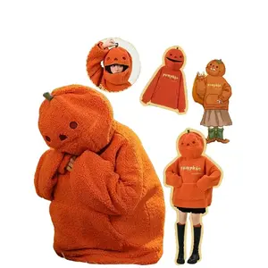 ChromaChic LEE Women's Pumpkin Head Costume Hoodie Thickened Fleece Sweatshirt with Face Cutouts Long Sleeve Loose Fit for Halloween Party Warm Winter Wear Embroidered Fabric