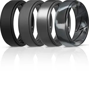 ThunderFit Silicone Wedding Rings for Men Breathable Airflow Inner Grooves, Step Edge Sleek Design Rubber Engagement Bands 8mm Wide 2mm Thick, Variety Multipack 1-7