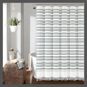 Lush Decor Alternating Tassel Cotton Shower Curtain 72"x72" Ring Top, Navy