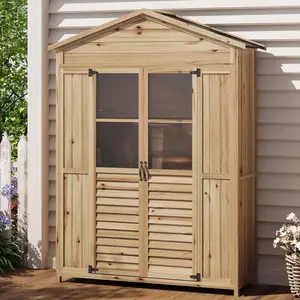 Patio Wooden Storage Shed Outdoor Storage Cabinet with Weatherproof Roof 6 Movable Shelves 4 Metal Stakes and 2 Anti-Falling Devices for Garden Tool Storage