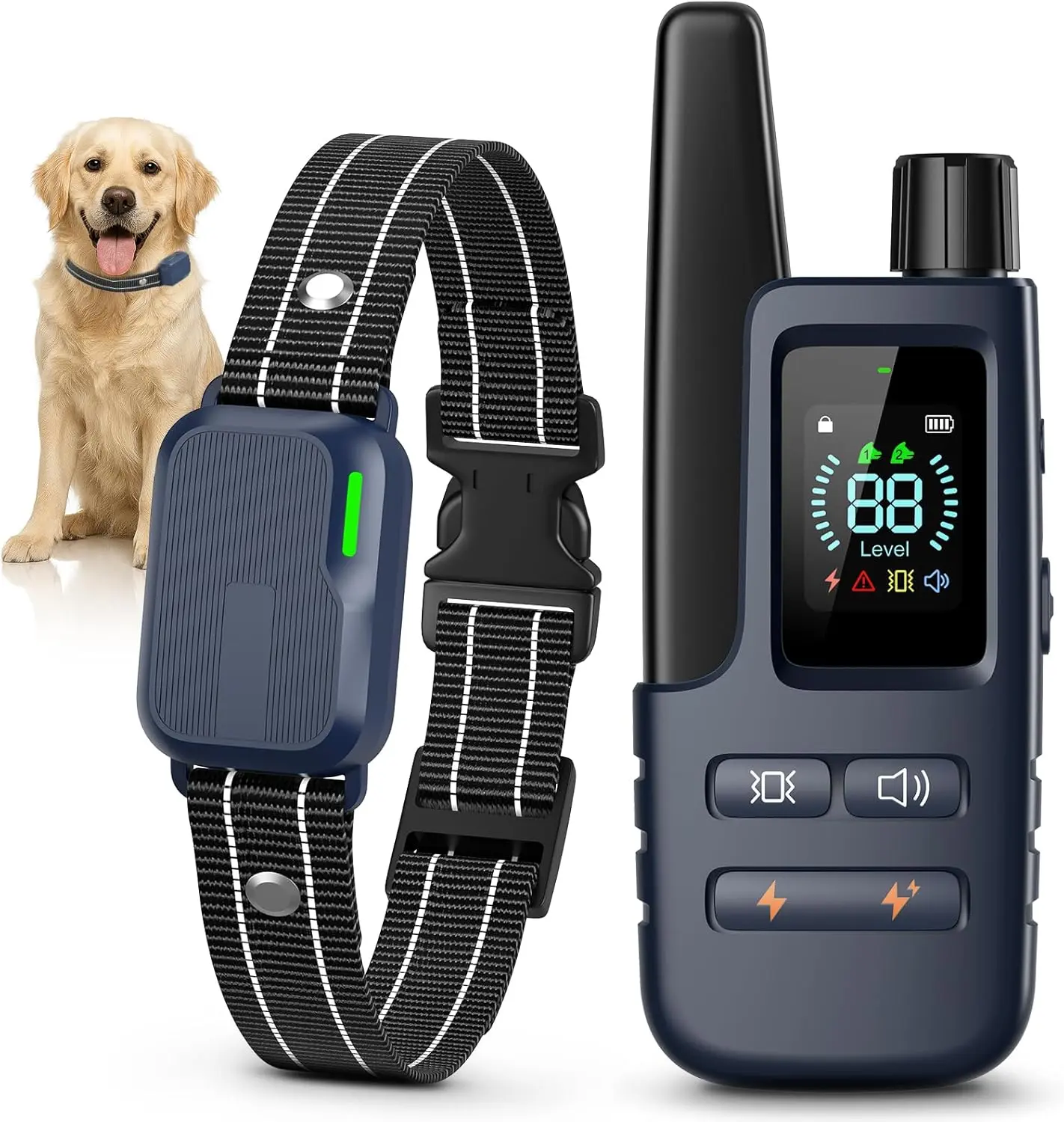 Dog Shock Collar with Remote - IPX Waterproof Rechargeable eCollar, Multiple Training Modes, Behavior Correction, Imminent Danger Interruption, Recall & Attention, Selectable Shock Post Length for Small Medium Large Dogs (Navy Blue)