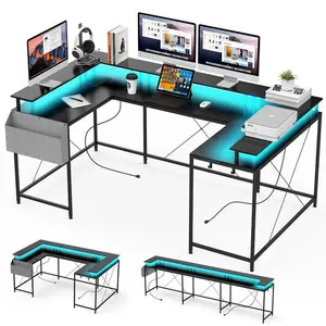 Black U Shaped Computer Gaming Desk with Power Outlets & USB Ports, LED Strip and Monitor Stand, Reversible L Shaped Desk with Storage Shelves for Home Office