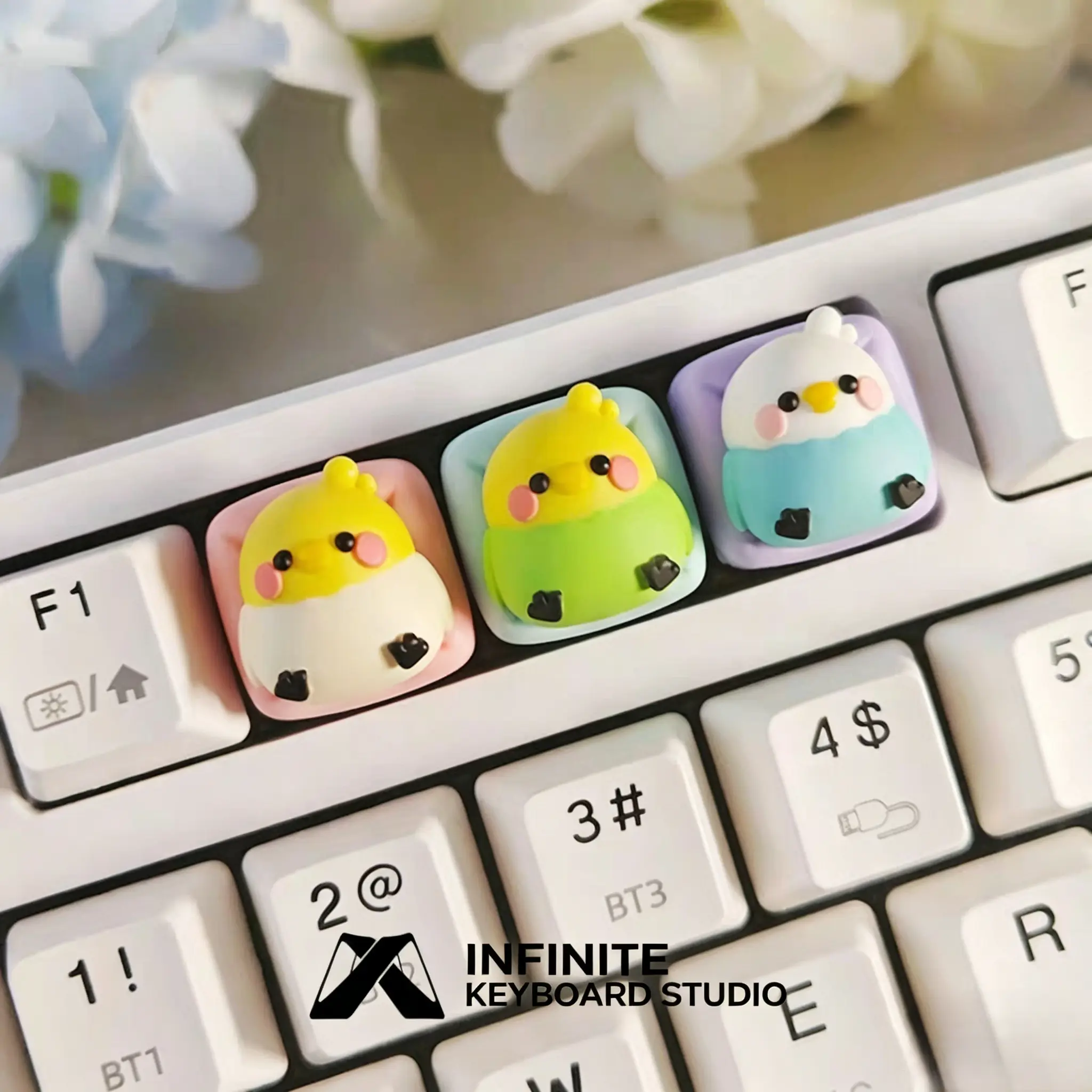 Cute Chubby Parrot 3D Artisan Single Keycap - Handmade Resin, Fingerprint Resistant, MX Compatible for Mechanical Keyboards, Kawaii Pastel Design, Ultra-Light, Custom Colored Cartoon Keycap Keyboards (3 Color Variants, Summervibes)