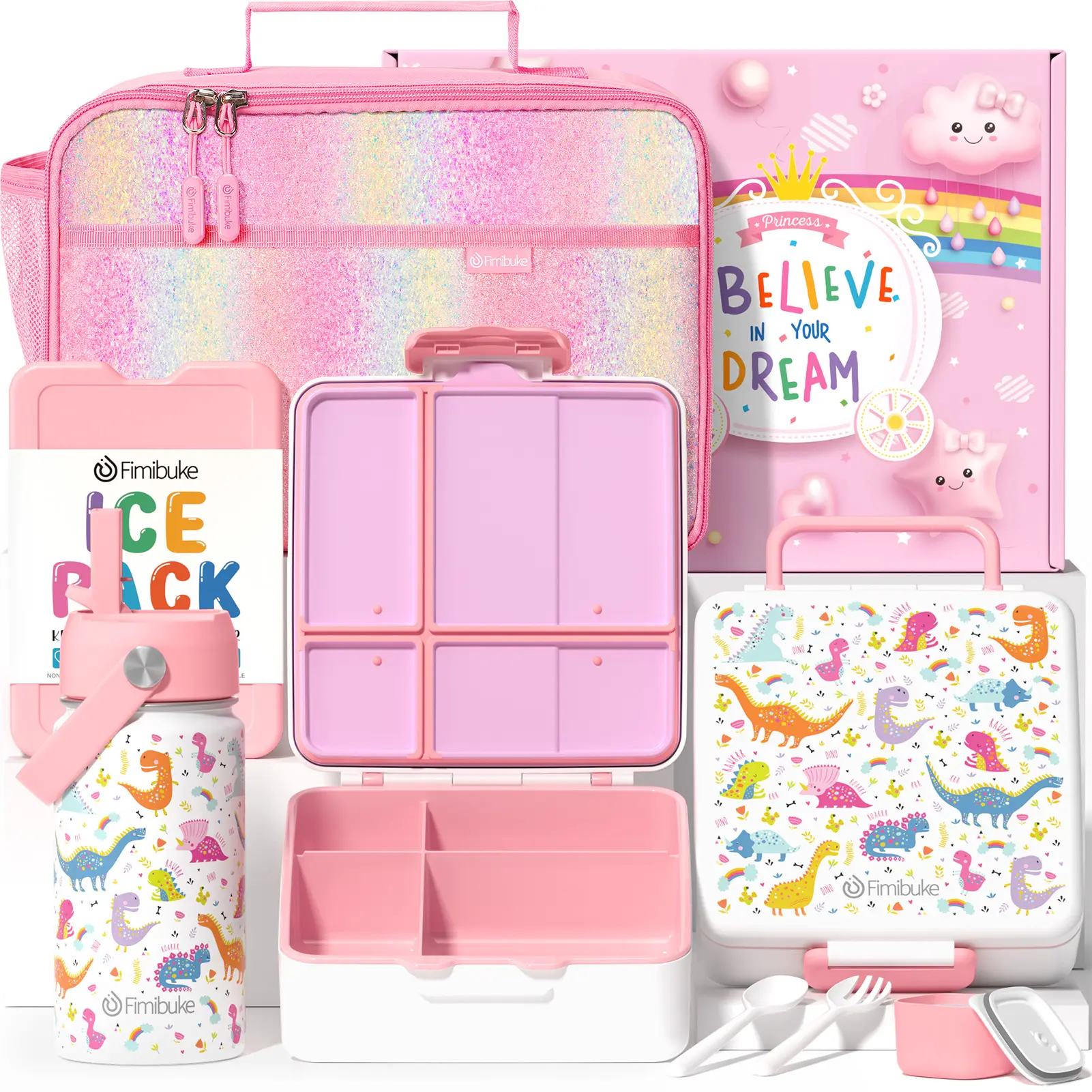 C4. White Dinosaur Bento Lunch Thermos Set