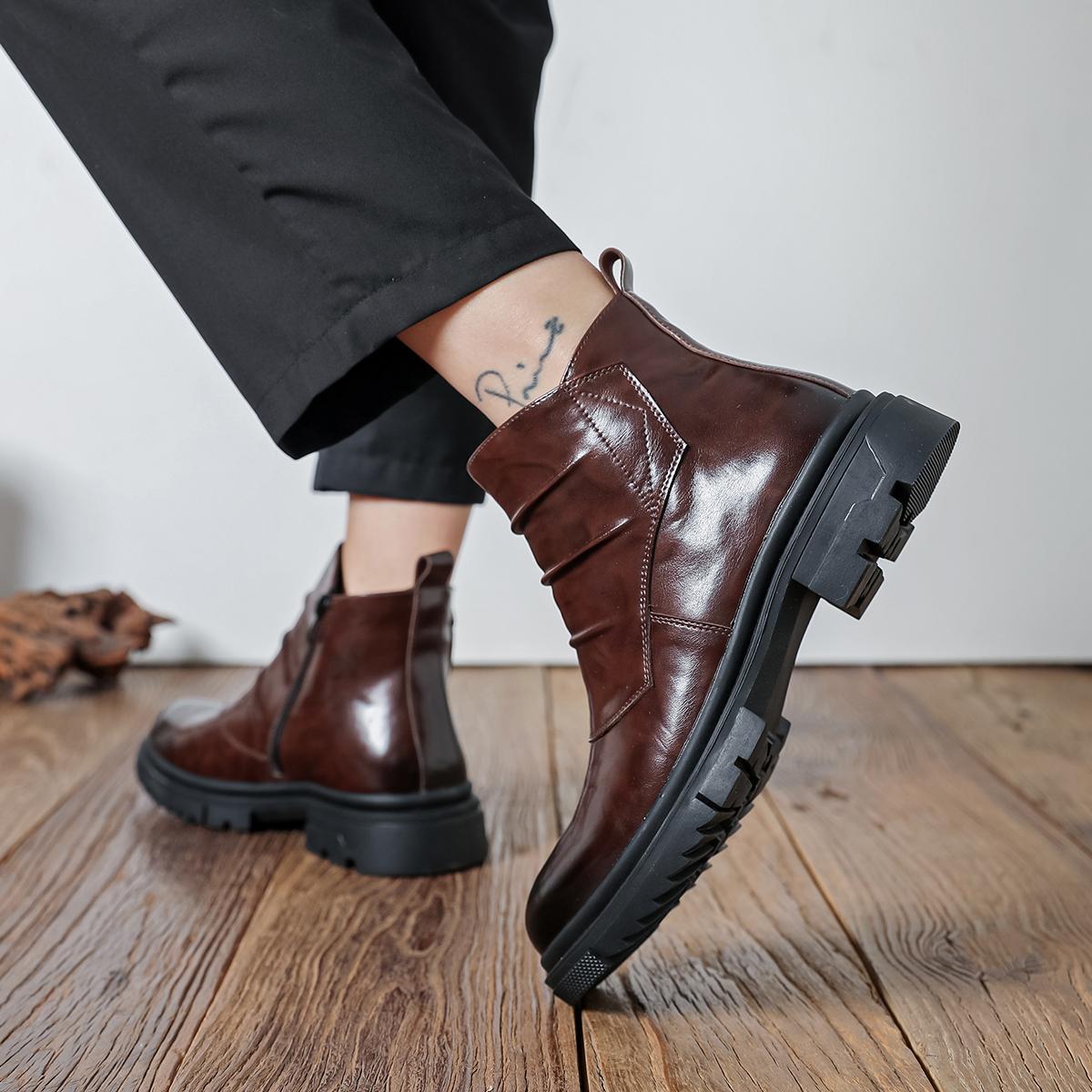 Men’s new high-top shaft boots—fashionable, versatile boots; trendy casual men’s shoes; all-season fashion boots with thick soles.
