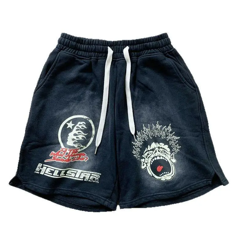 Water-washed distressed hell star shorts, mid-thigh length, high-street style, loose pants Denim graphic shorts gym outfits gym fits Womenswear Bottom