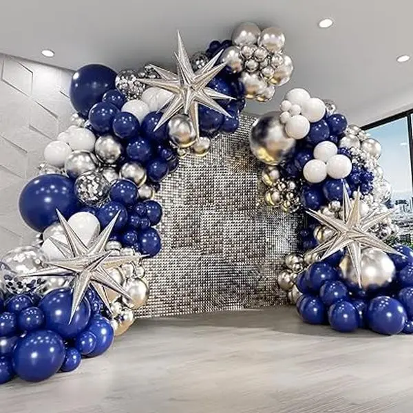 Navy Blue Silver Balloon Garland Arch Kit with Starburst-balloons  for Birthday Baby Shower Wedding Graduation Party Decor Set Metallic