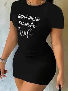 Women's Letter Print Round Neck Bodycon Dress, Casual Short Sleeve Short Dress for Daily Wear, Ladies Clothes for All Seasons, Womenswear