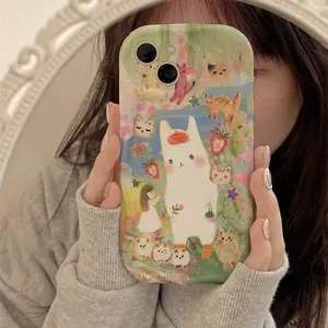 Cute Oil Painting Rabbit Pattern Case for iPhone 16 15 14 Pro Max 13 12 11 XR XS Plus Shockproof Non Slip Military-Grade Protection Silicone Cover
