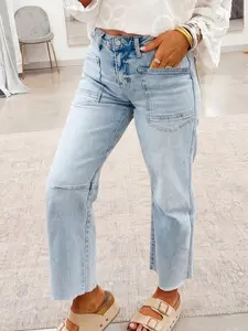 Women's High Waisted Straight Leg Jeans Stretch Cropped Denim Pants with Patch Pockets and Frayed Raw Hem