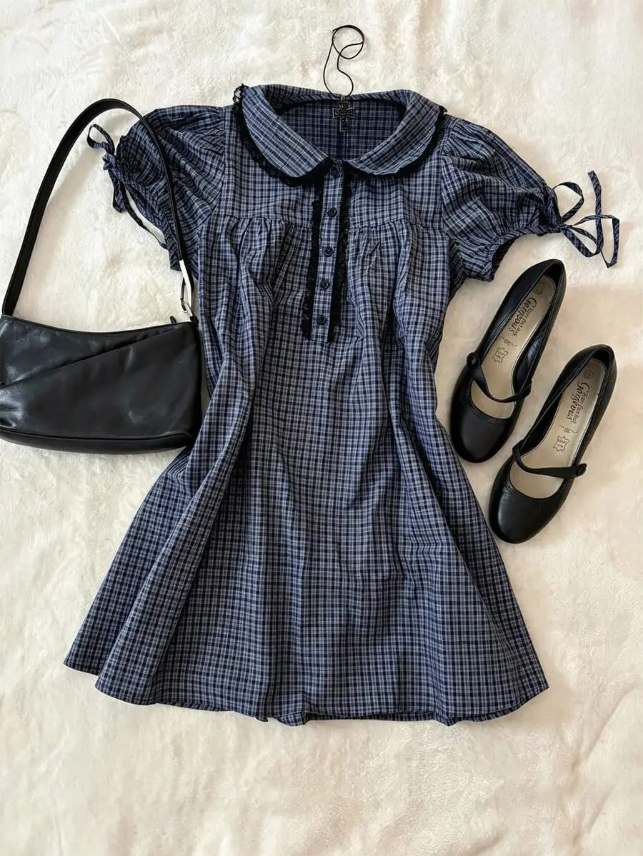 Women's Plaid Peter Pan Collar Mini Dress Puff Petal Sleeve Lace Trim Babydoll Dress Coquette Cottagecore Preppy Casual Summer Outfits