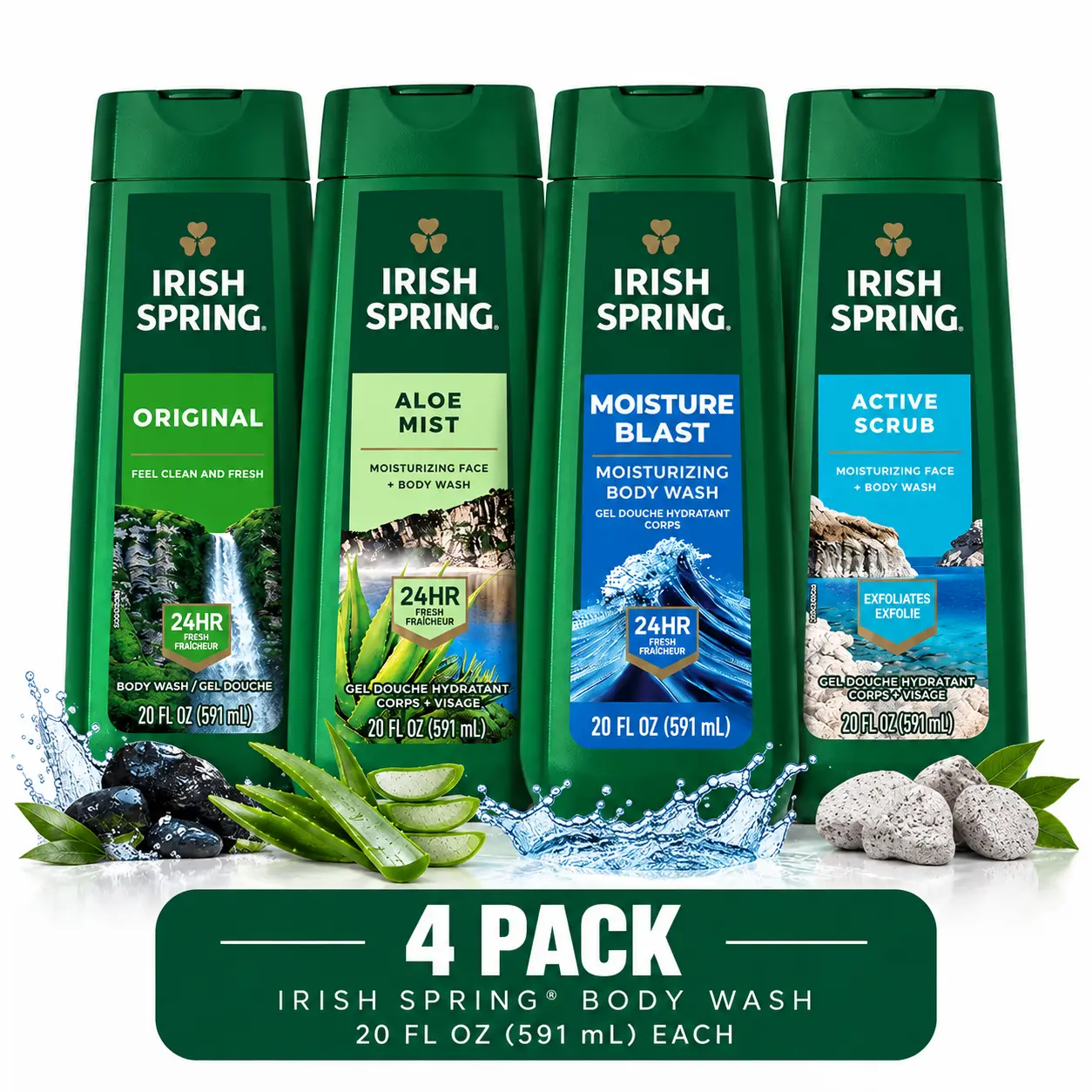 Irish Spring Body Wash Variety Pack - Body Care Cleanser, 20 fl oz Each, 4 Bottles, Convenient for Daily Use (Original, Aloe Mist, Moisture Blast, Active Scrub)