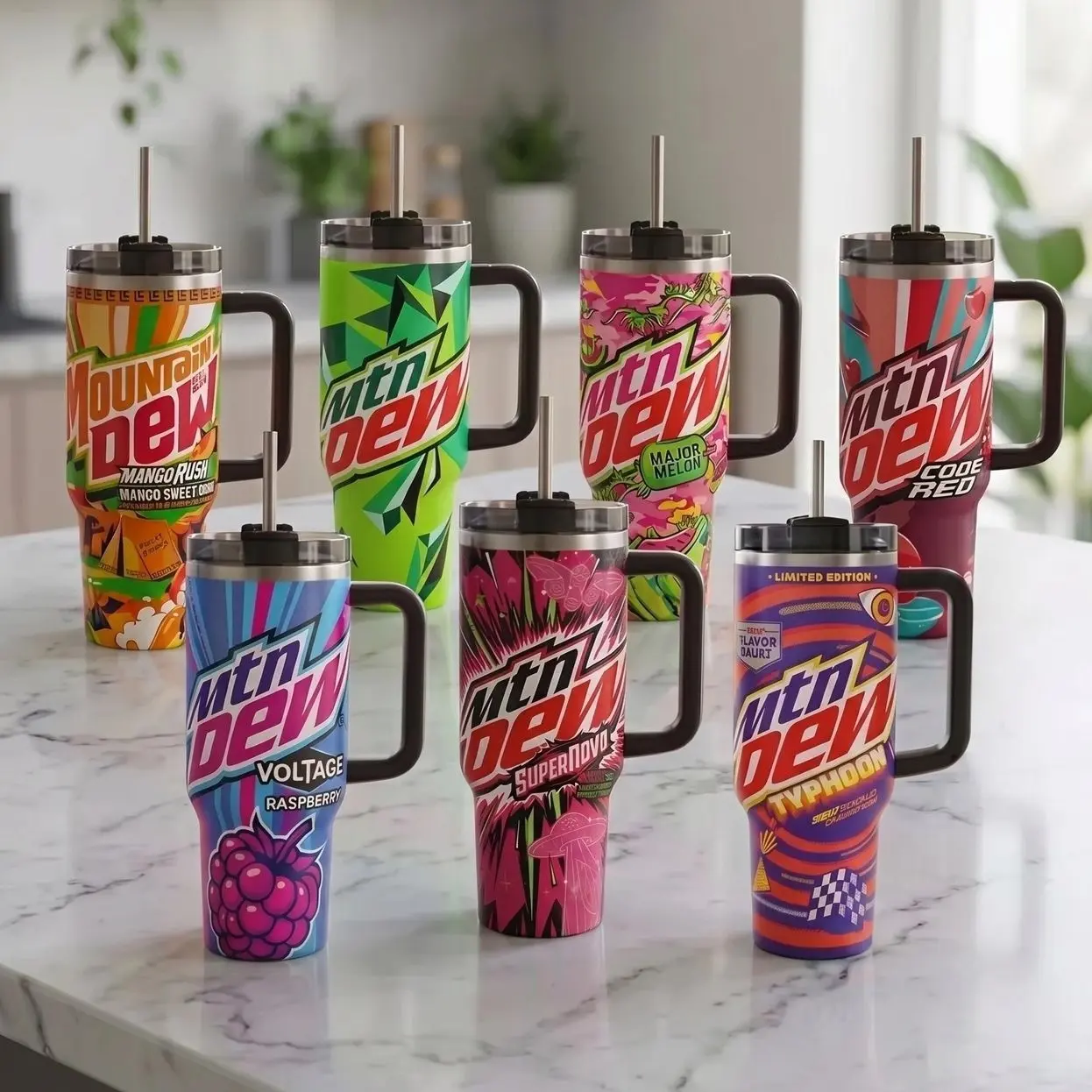Mtn Dew 40oz Tumbler With Handle, Colorful Soda Flavor Graphic Insulated Stainless Steel Travel Cup With Straw