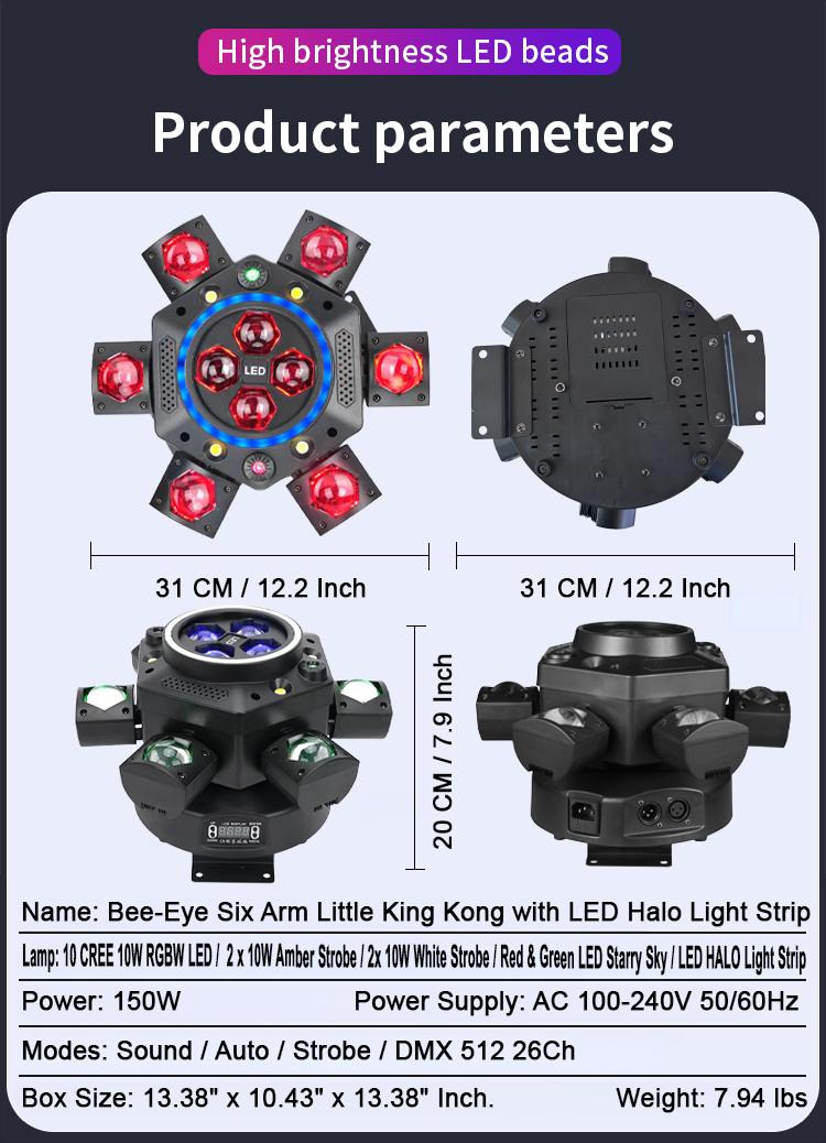 Professional DJ Light 6-Arm 150W Moving Head RGBW Bee-Eye Beam with LED Halo Ring DMX512 26 Channel Laser Starry Sky White Amber Strobe Sound Activated for Events