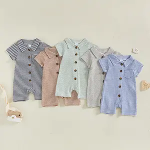 Infant Newborn Baby Boys Summer Striped Jumpsuit Short Sleeve Turn Down Collar Button Up Casual Romper