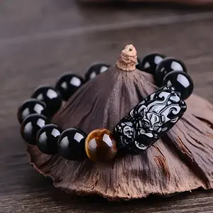 1pc, Cool and Handsome Style, Natural Stone Obsidian Wealth Bracelet with Pixiu Tiger Eye Stone, Feng Shui Attracting Wealth and Good Luck, Lucky Money Absorbing Jewelry for Women and Men