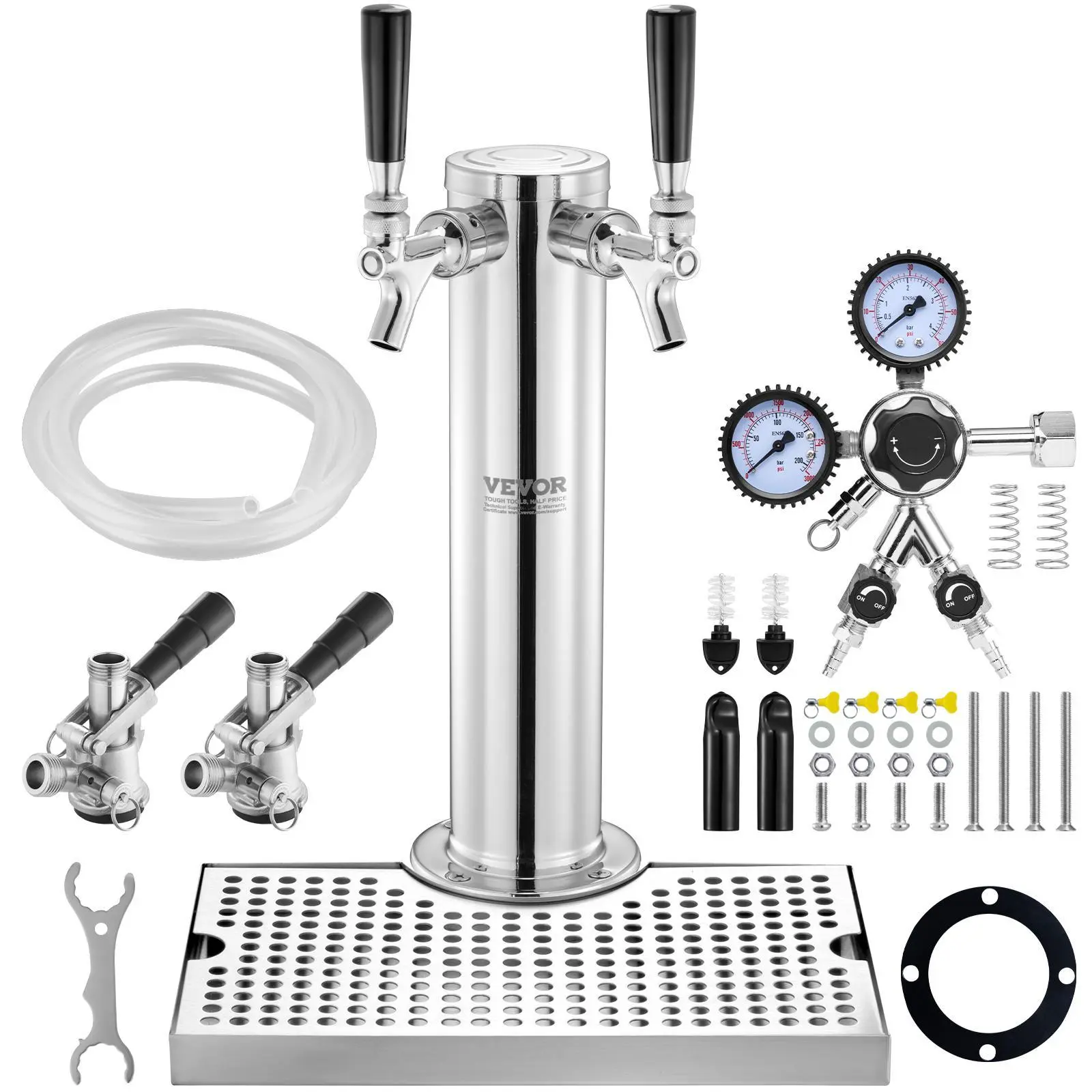 【Super Brand Day】VEVOR Kegerator Tower Kit, Dual Taps Beer Conversion Kit, Stainless Steel Keg Beer Tower Dispenser with Dual Gauge CGA320 Regulator & D-System Keg Coupler, Beer Drip Tray for Party Home,DEALS FOR YOU