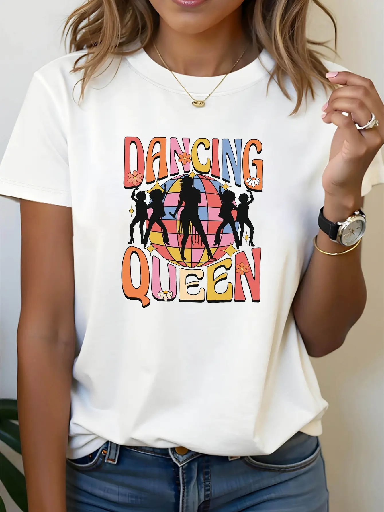 DANCING QUEEN Graphic Print Women'S Round Neck Short Sleeve T-Shirt for Spring And Summer, Perfect for Casual Outings, Holiday Gifts, Friend Gatherings, Music Parties, And Vacation Outfits