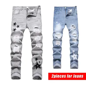 Men's two-piece slim-fit straight-leg jeans, retro ripped casual jeans (sizes 28-38 available)
